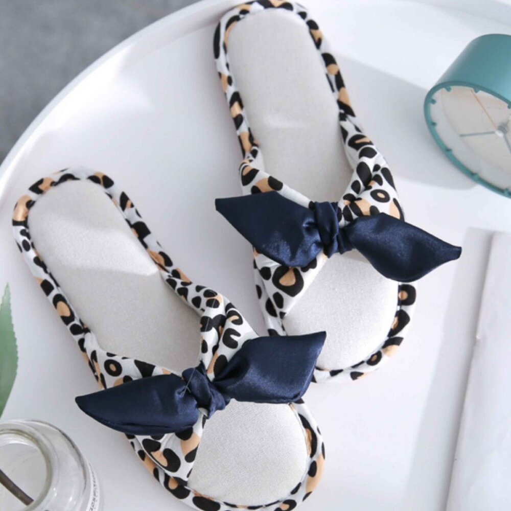 Leopard Print Plush Slippers with Navy Bow | Cozy Indoor Essentials - Picture 3 of 3
